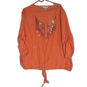 CHRISTOPHER & BANKS Women's 3/4 Rolltab Sleeve Sequined oversized  Blouse Top‎
